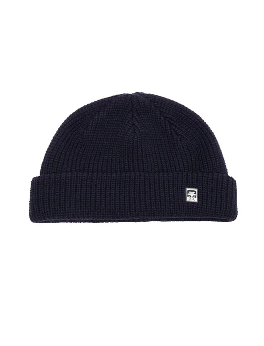 Obey Micro Navy beanie with a small logo on a white background
