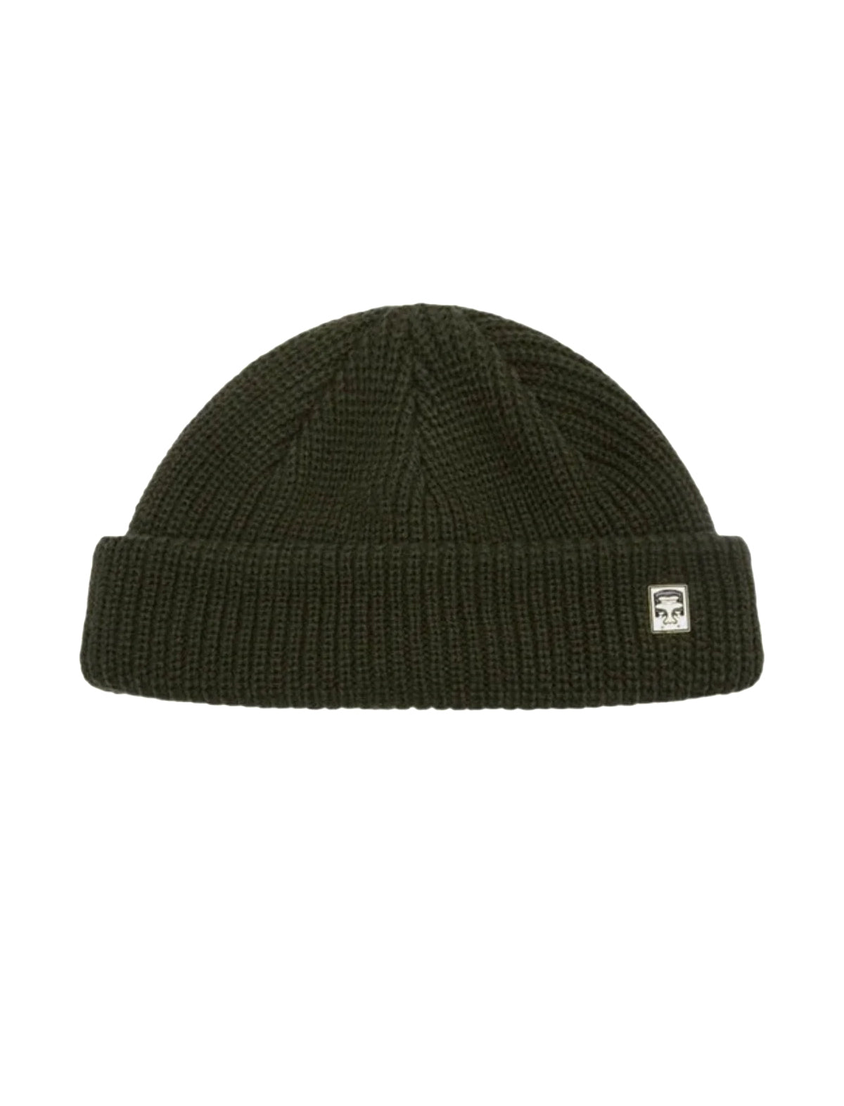 Obey Micro Dark green beanie with a small logo on a white background