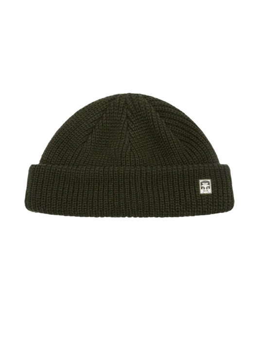 Obey Micro Dark green beanie with a small logo on a white background