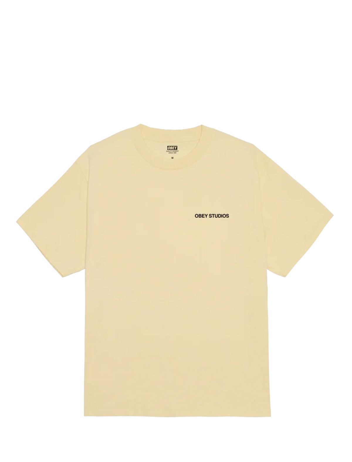 Beige t-shirt with 'Obey Studios' logo on a white background