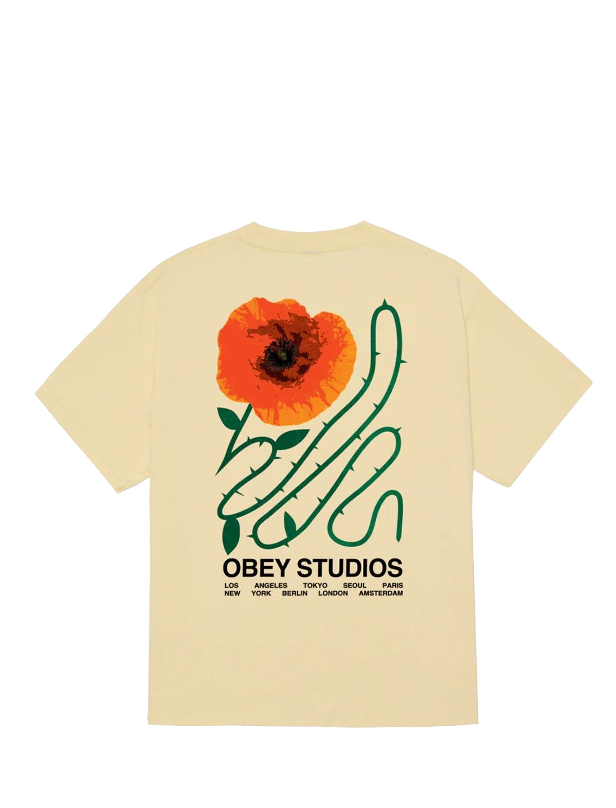 Beige t-shirt with a graphic of a hand holding a flower and 'Obey Studios' logo on a white background