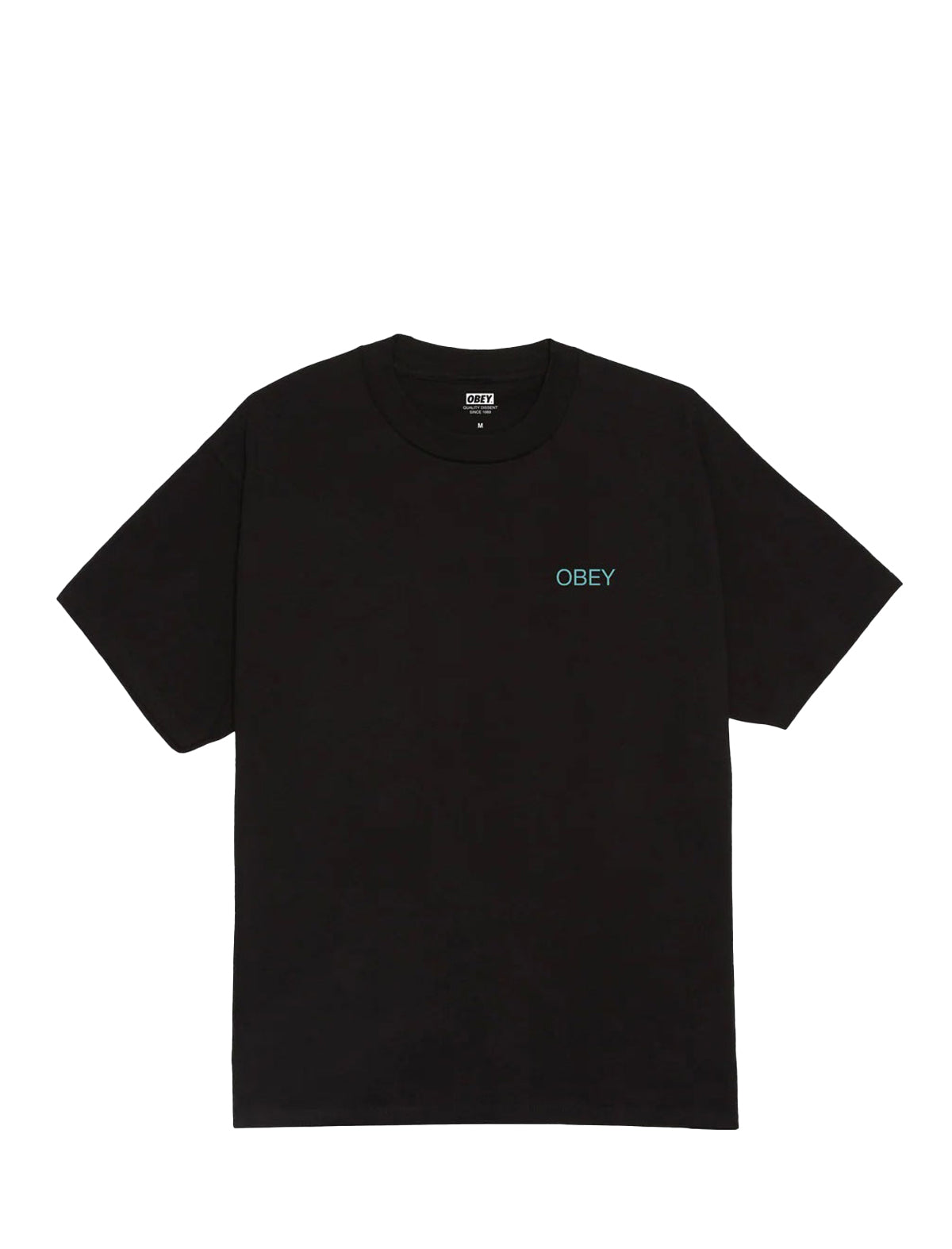 Black t-shirt with a small white logo on a white background