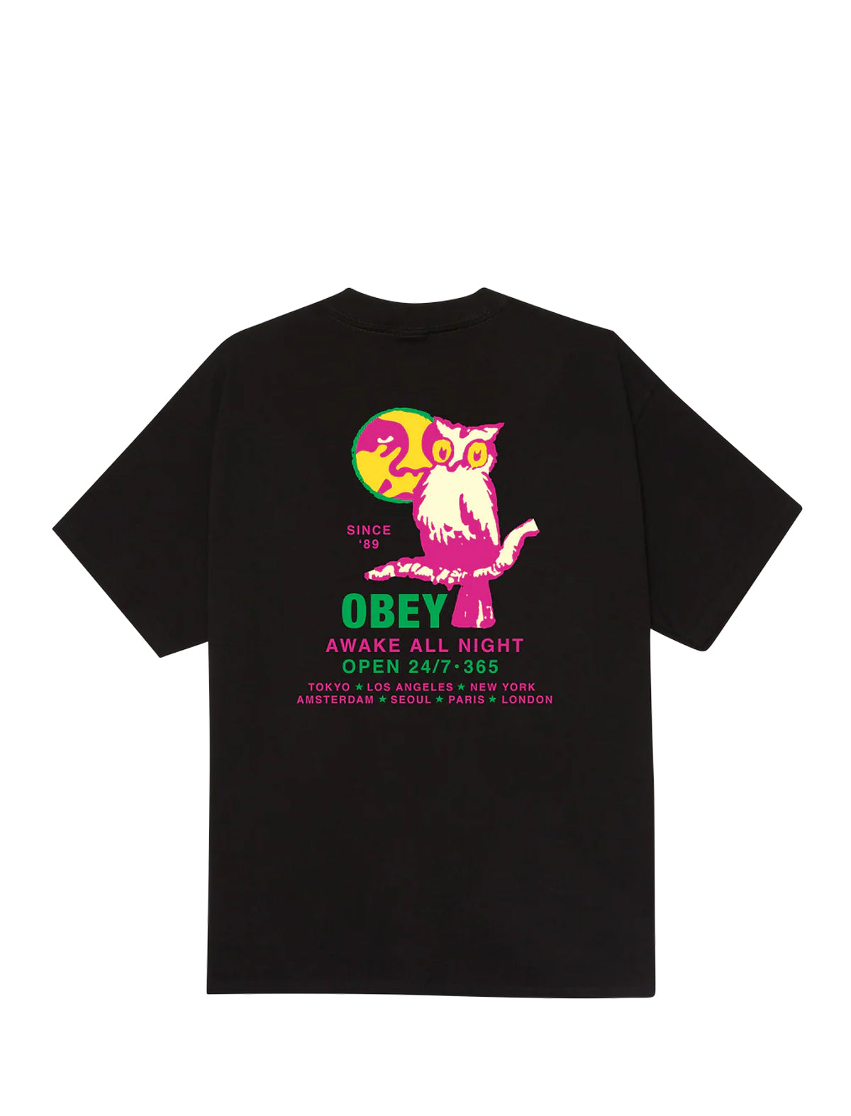 Black t-shirt with colorful graphic and 'Obey' branding on a white background