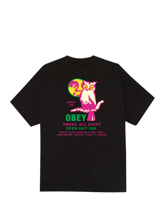 Black t-shirt with colorful graphic and 'Obey' branding on a white background