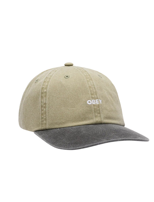 Beige cap with black bill and 'Obey' logo on a white background