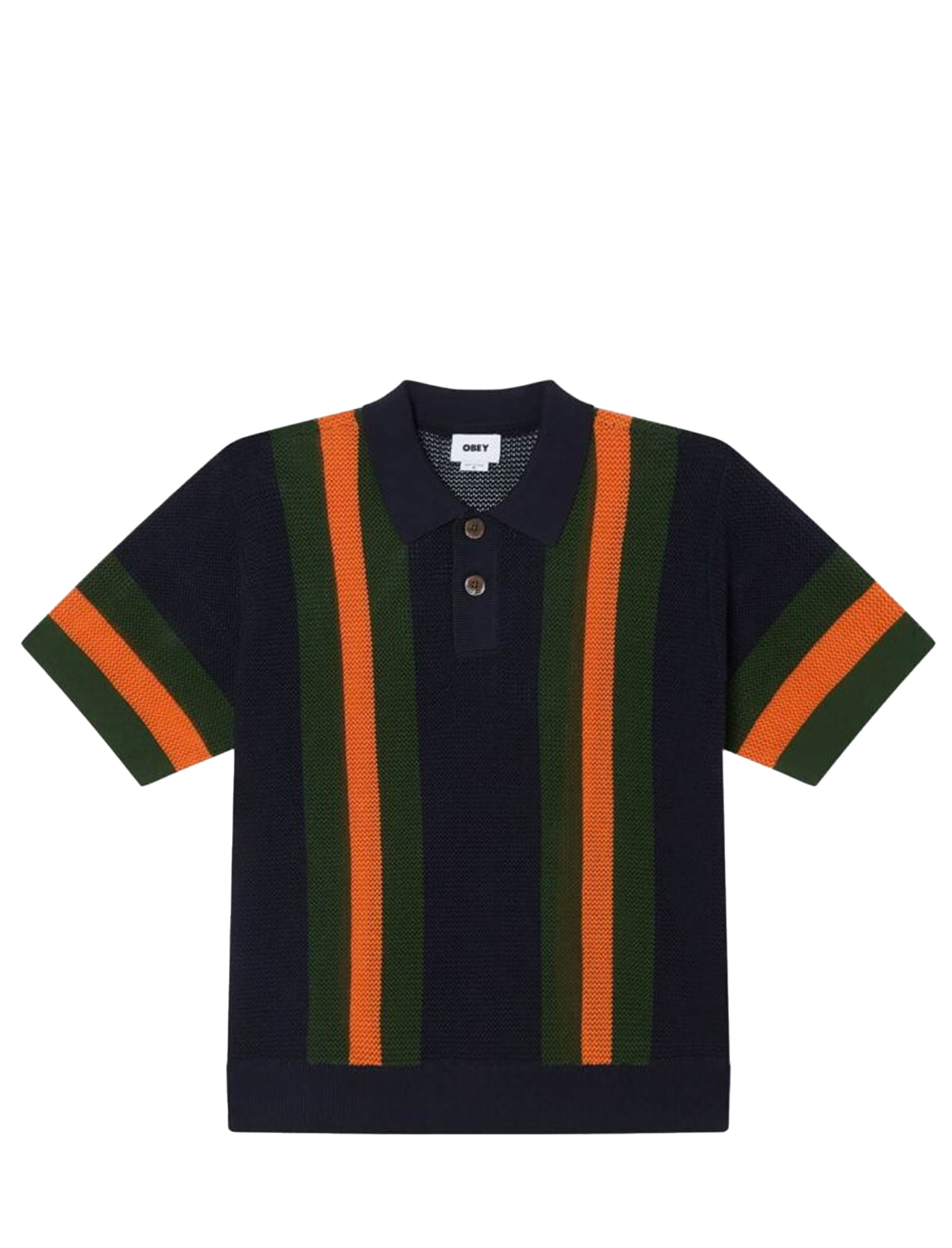 Navy sweater with green and orange stripes on a white background