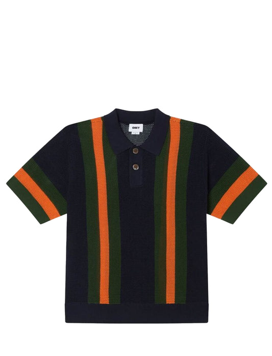 Navy sweater with green and orange stripes on a white background