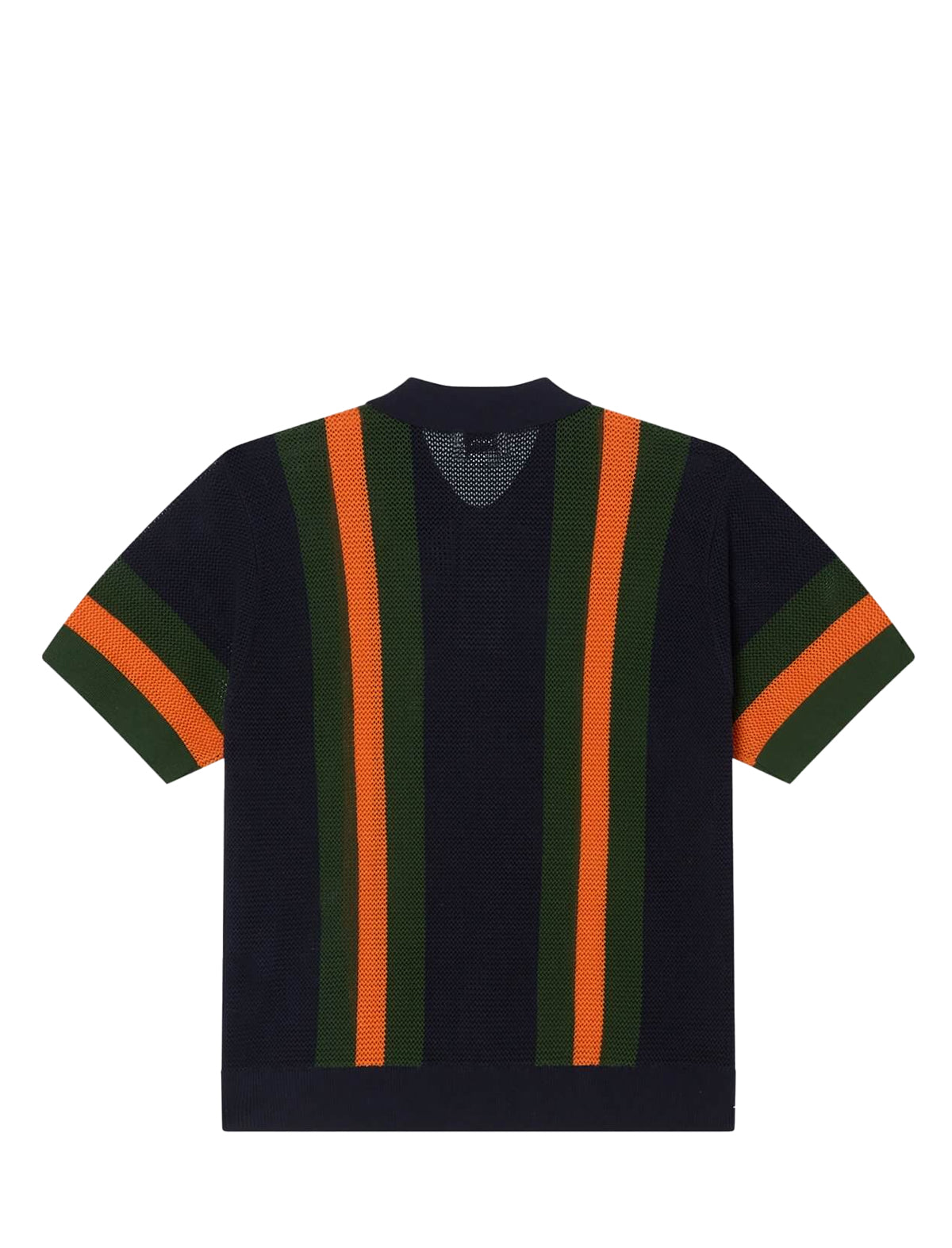 Black sweater with green and orange stripes on a white background