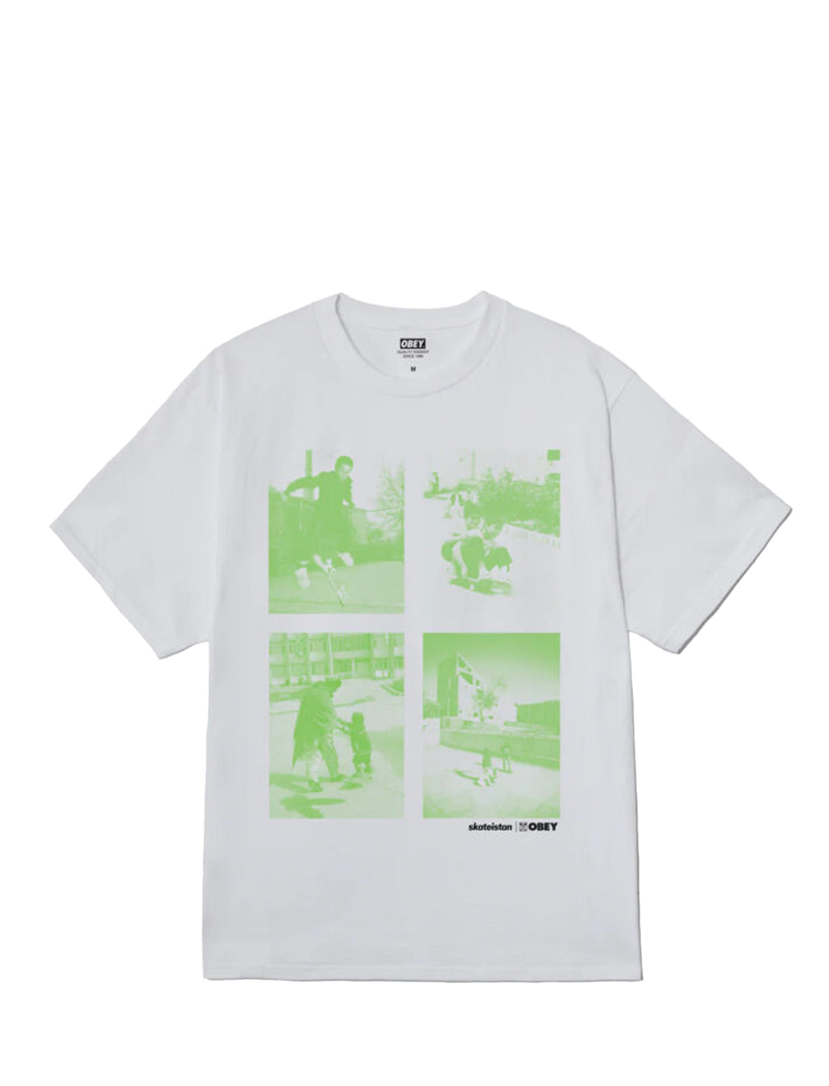 obey skateistan t-shirt with green photo prints on a white background
