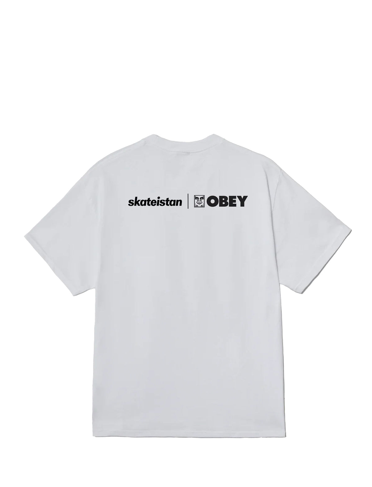 White t-shirt with 'OBEY' and 'skateistan' logos on the back against a white background