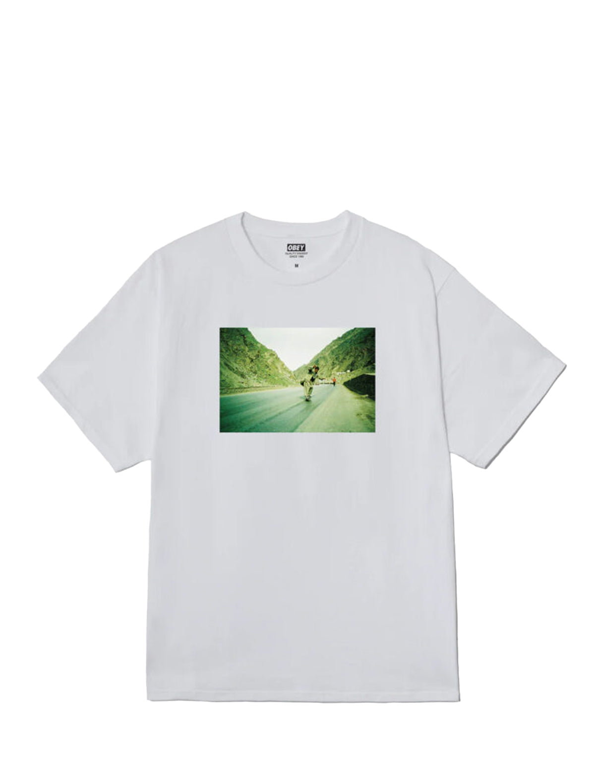 White t-shirt with a scenic print on a white background