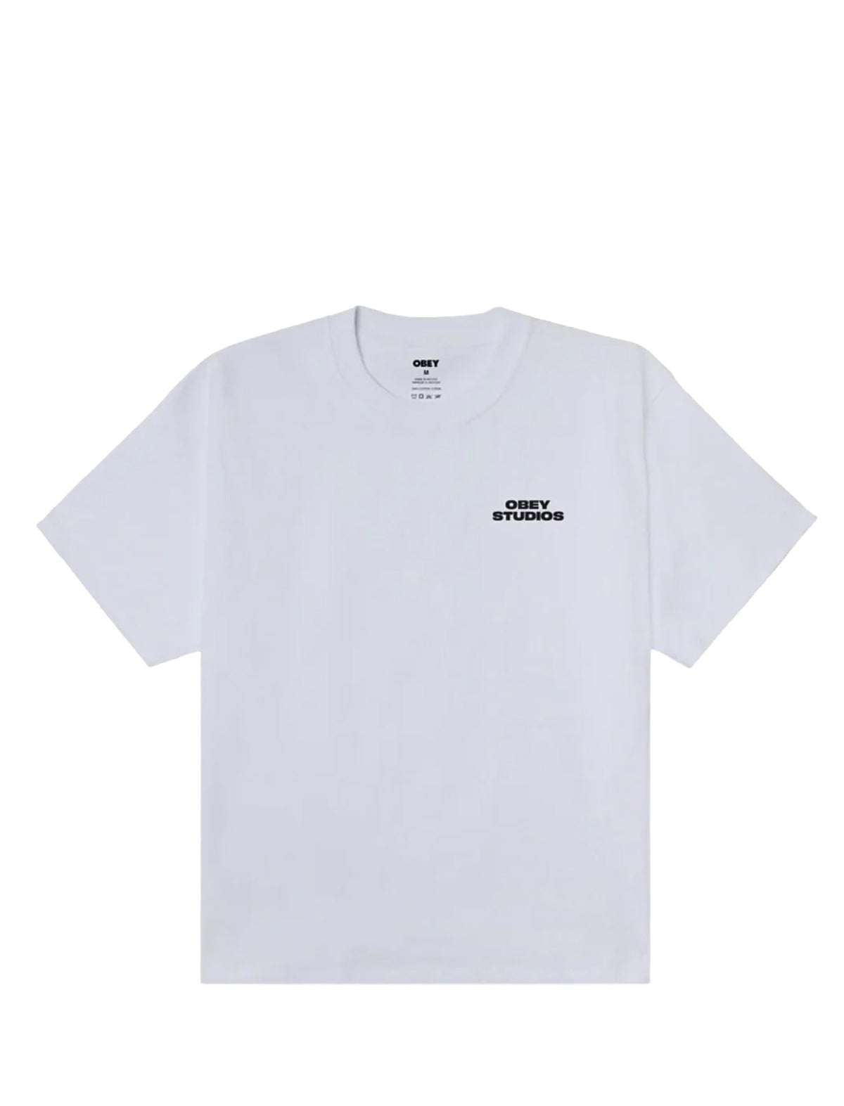 White t-shirt with black text on a white background