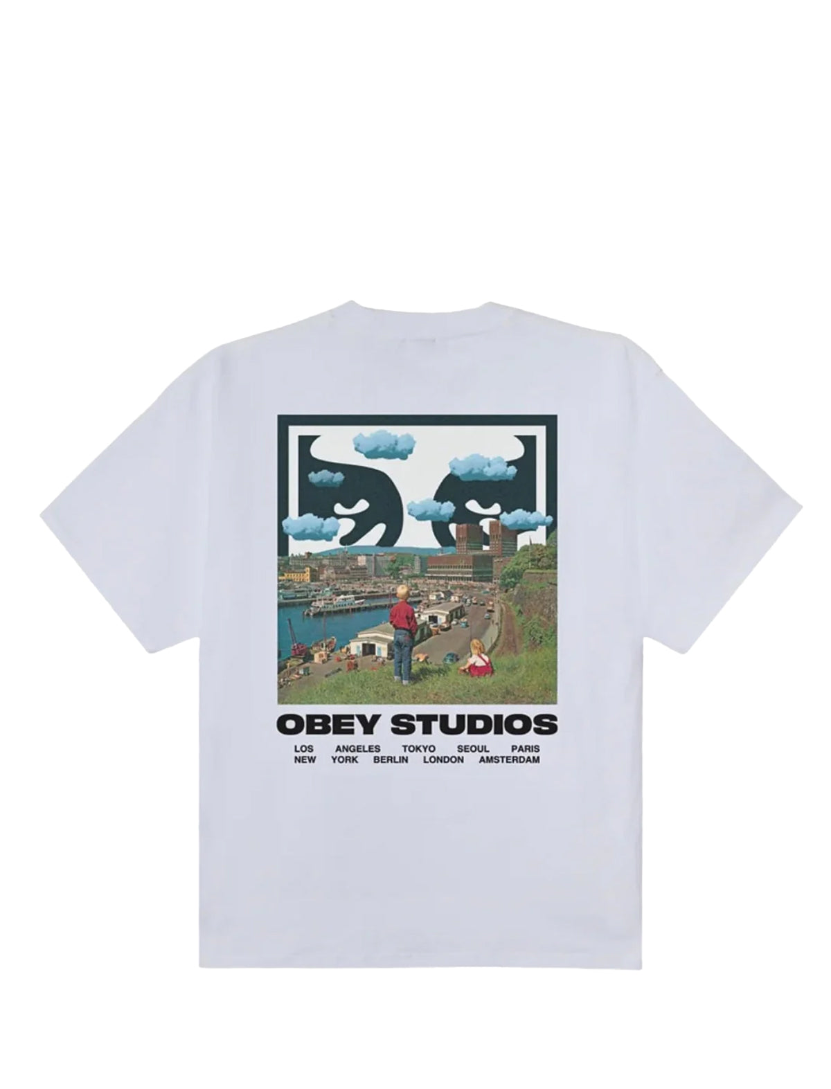 White t-shirt with a graphic design and 'Obey Studios' text on a white background