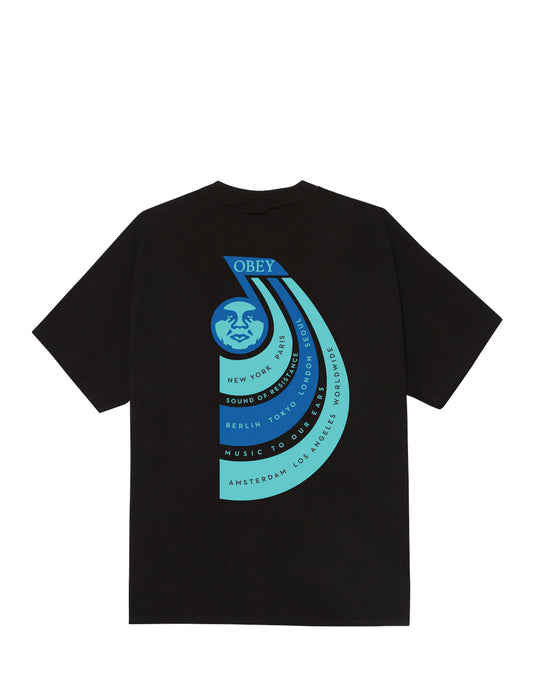 Obey Black t-shirt with blue graphic design on a white background
