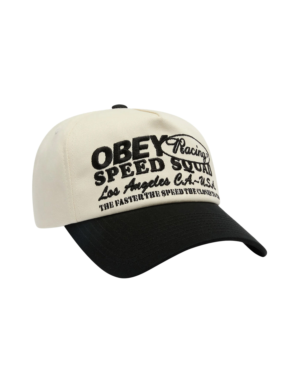 Beige and black cap with 'Obey Racing Speed Squad' text on a white background