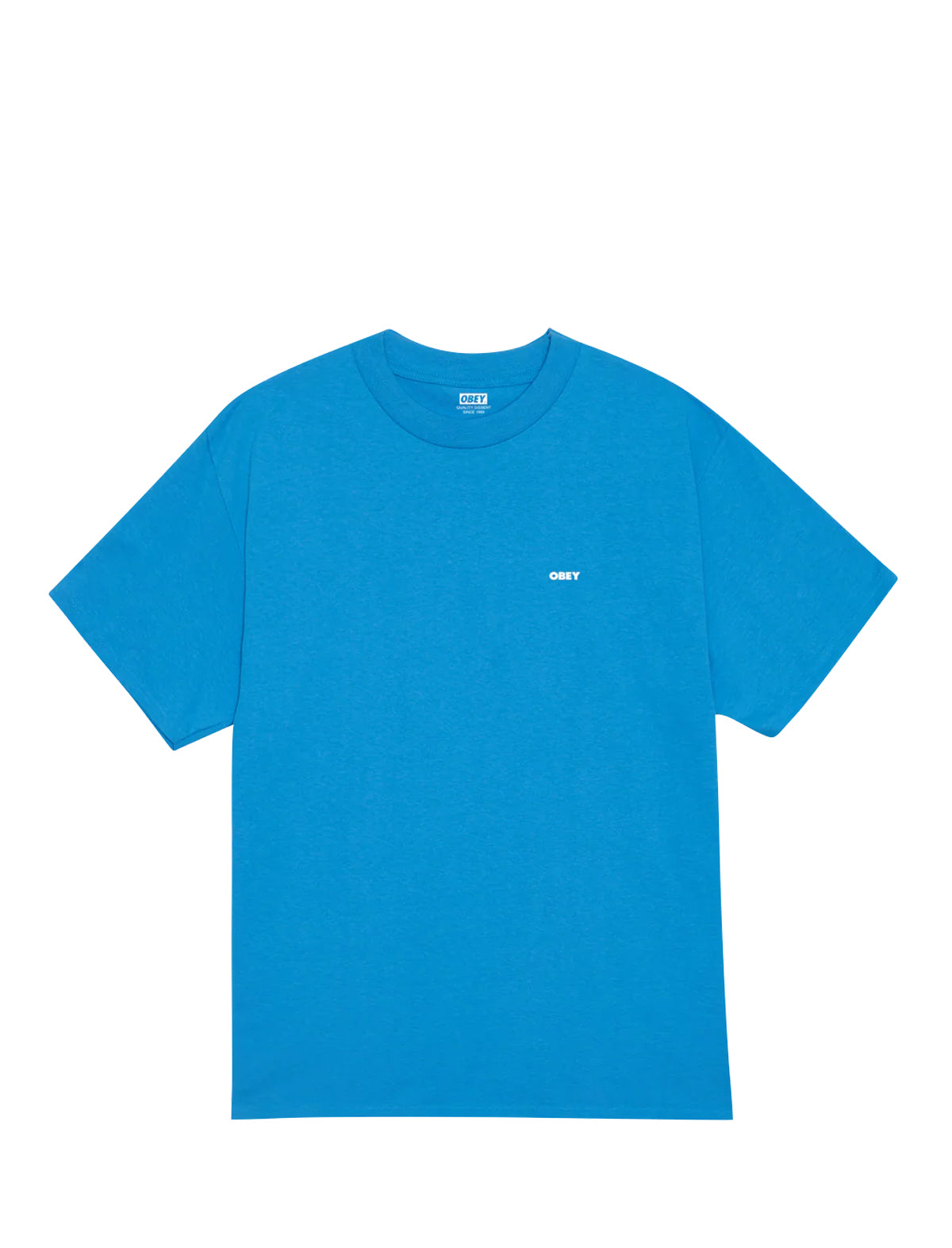 Blue t-shirt with a small white Obey logo on a white background