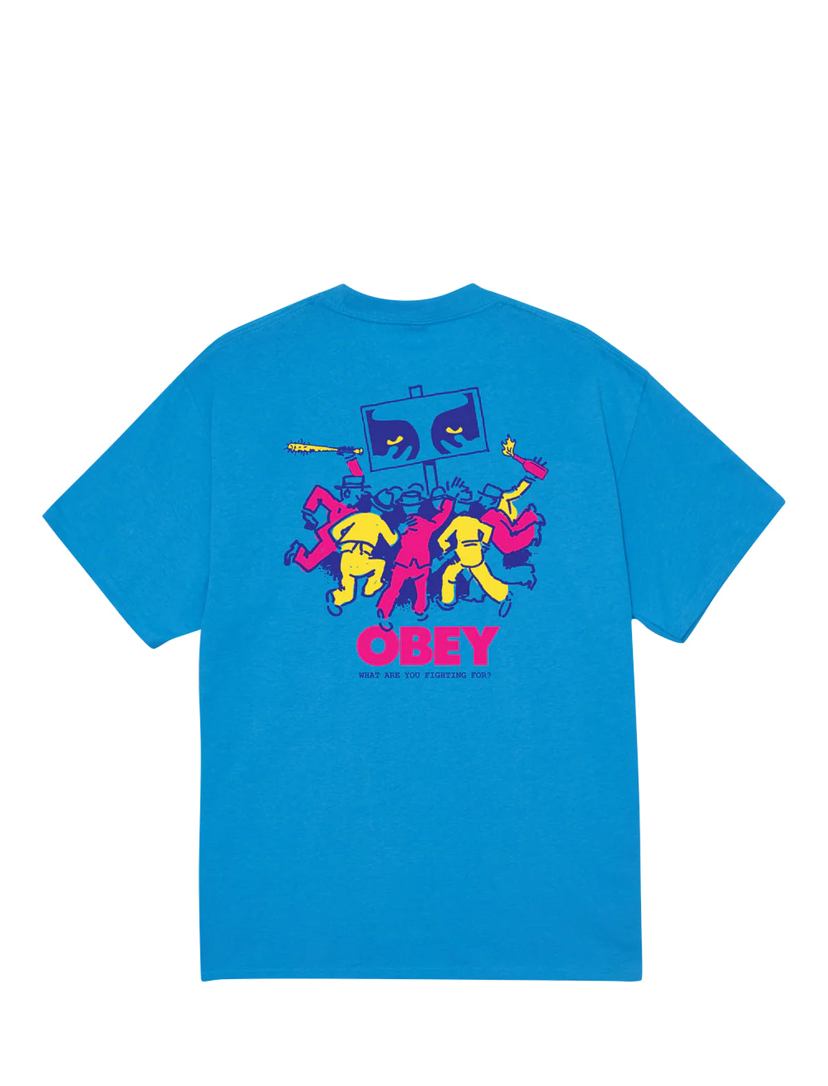 Blue Obey t-shirt with colorful graphic design on a white background