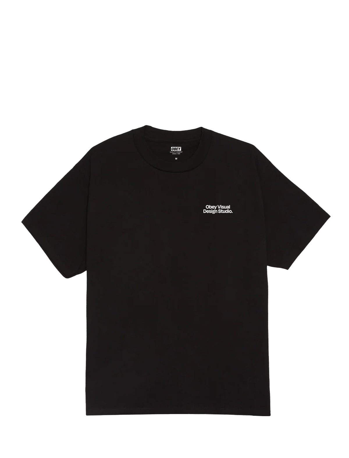 Black t-shirt with a small Obey Visual Design Studio white logo on a white background