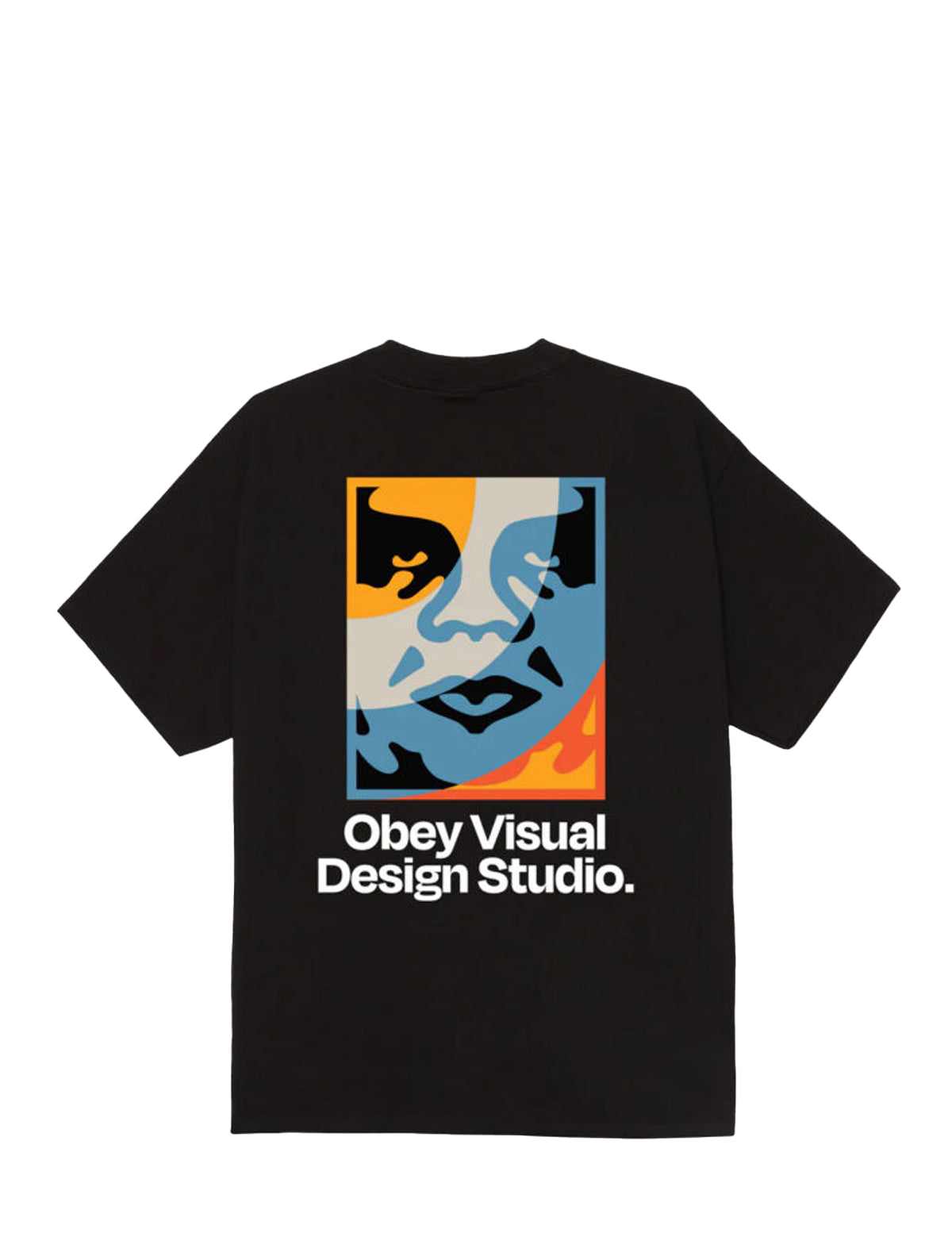 Black t-shirt with a colorful graphic and 'Obey Visual Design Studio' text on a white background