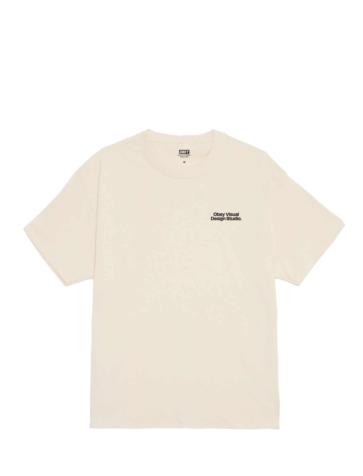 Beige t-shirt with a small obey visual design studio logo on a white background