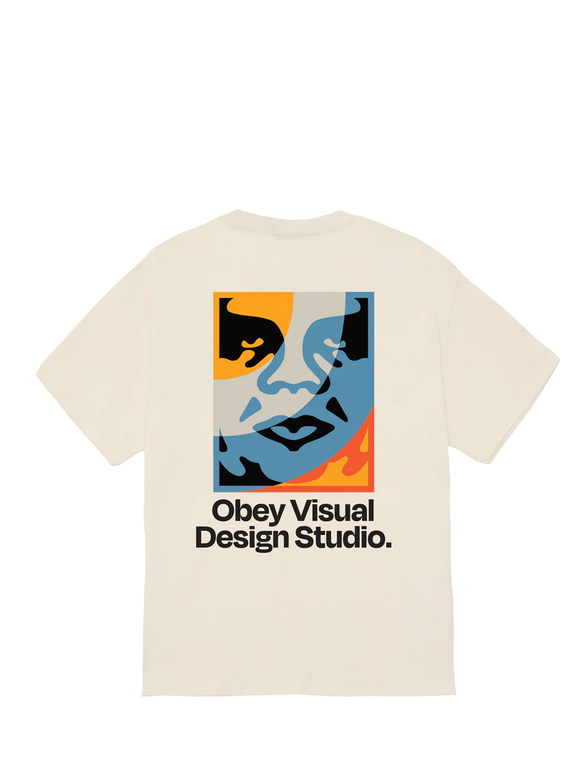 Beige t-shirt with a graphic design and 'Obey Visual Design Studio' text on a white background