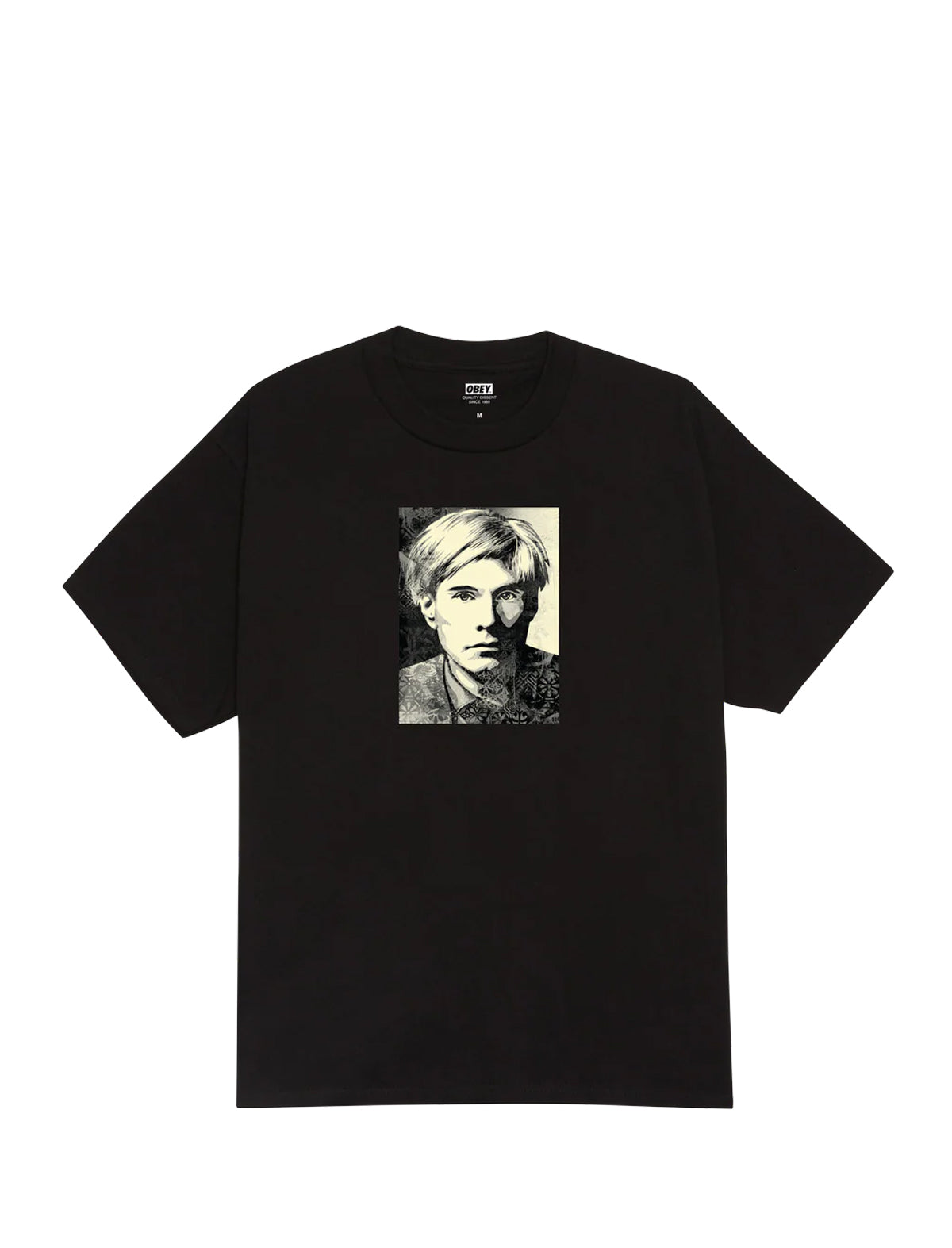 Obey Warhold Black t-shirt with a graphic of a person's face on a white background