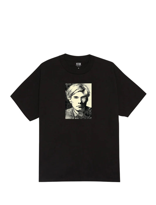 Obey Warhold Black t-shirt with a graphic of a person's face on a white background