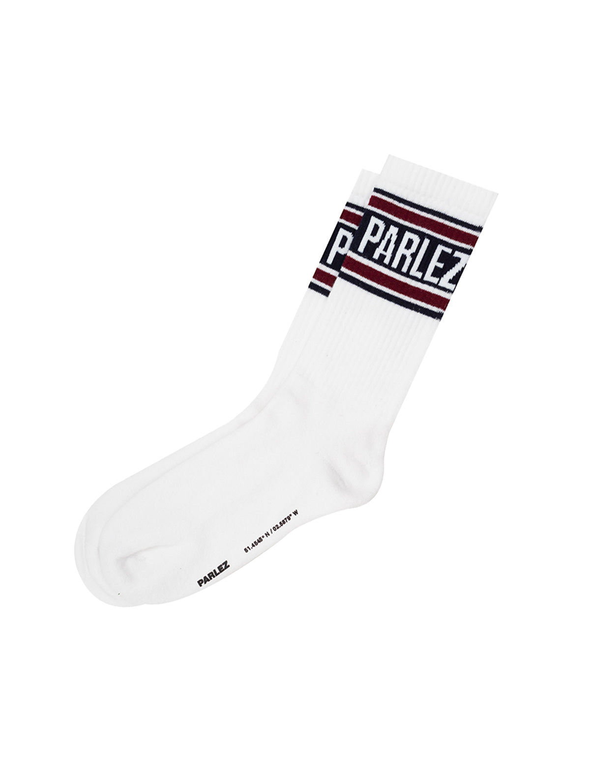 white tube socks with parlez graphic on a white background