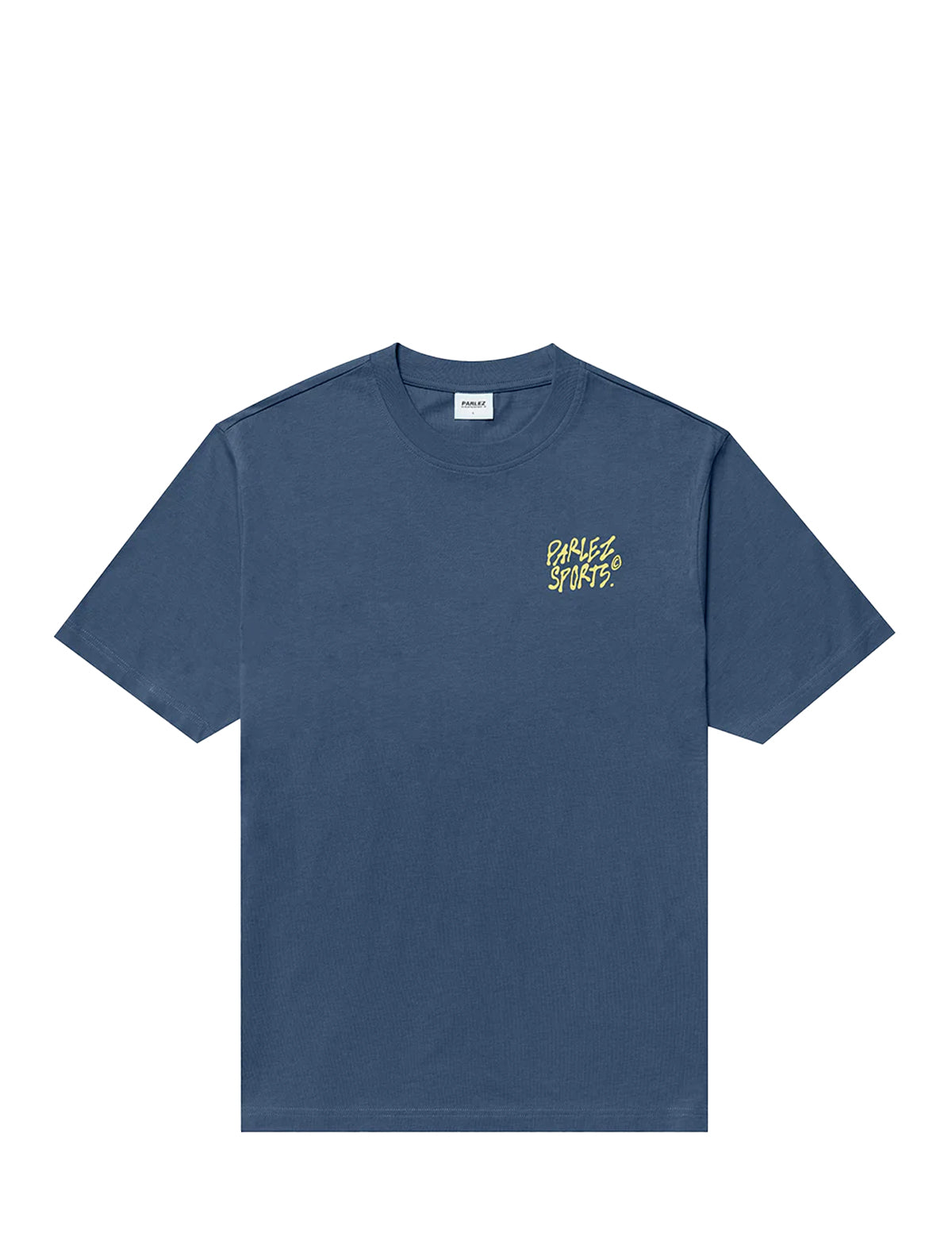 Blue t-shirt with yellow text on a white background