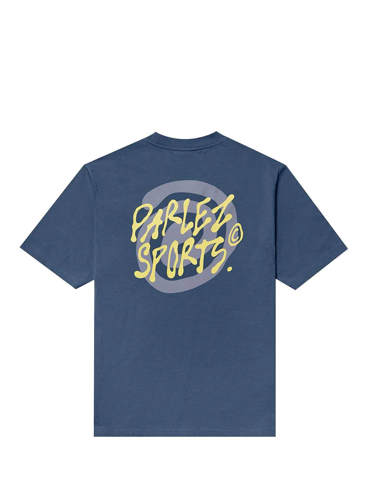 Blue t-shirt with yellow 'Parlez Sports' logo on the back against a white background