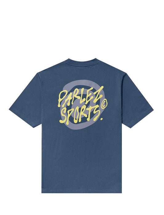 Blue t-shirt with yellow 'Parlez Sports' logo on the back against a white background