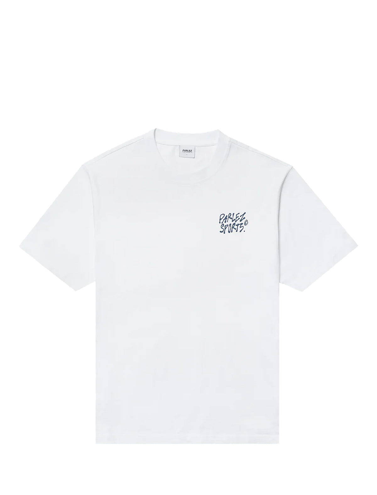 White t-shirt with black text on a white background