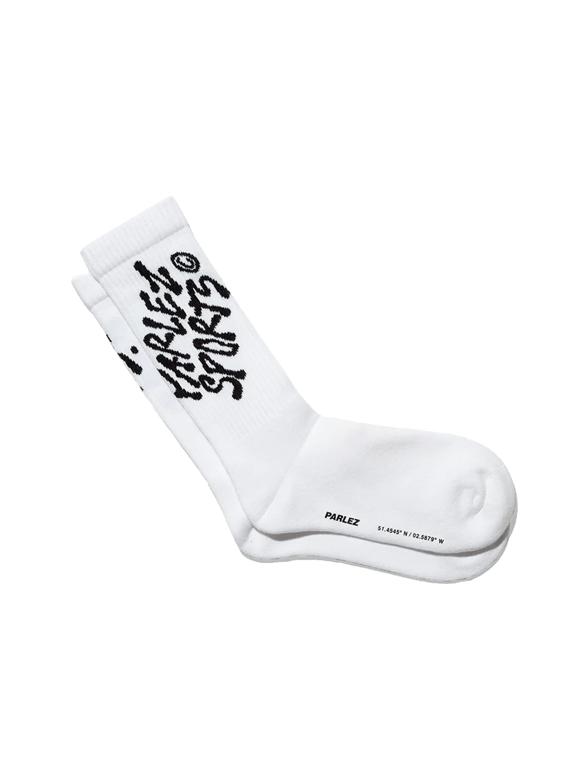 White Parlez socks with black text on a white background