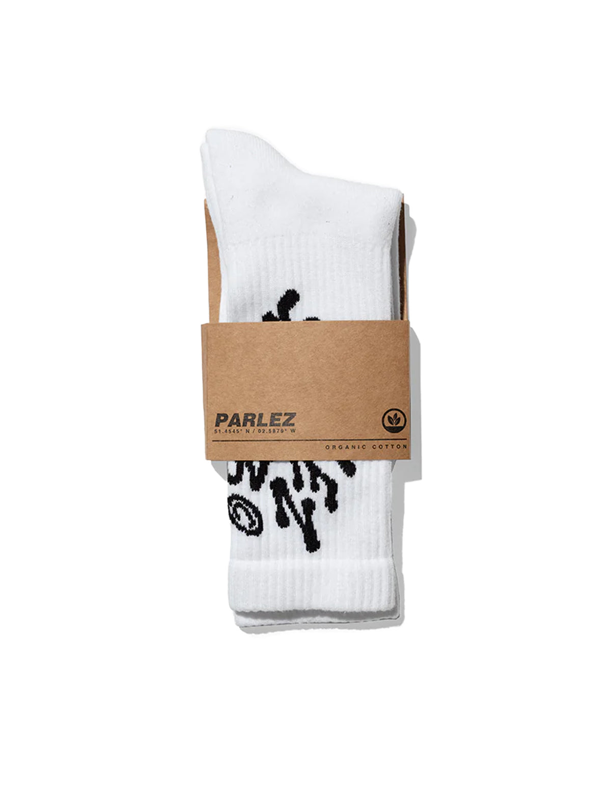 White Parlez socks with black design in a brown Parlez packaging on a white background