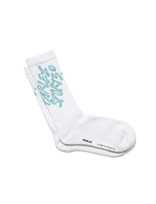 Parlez White socks with green text on a white background