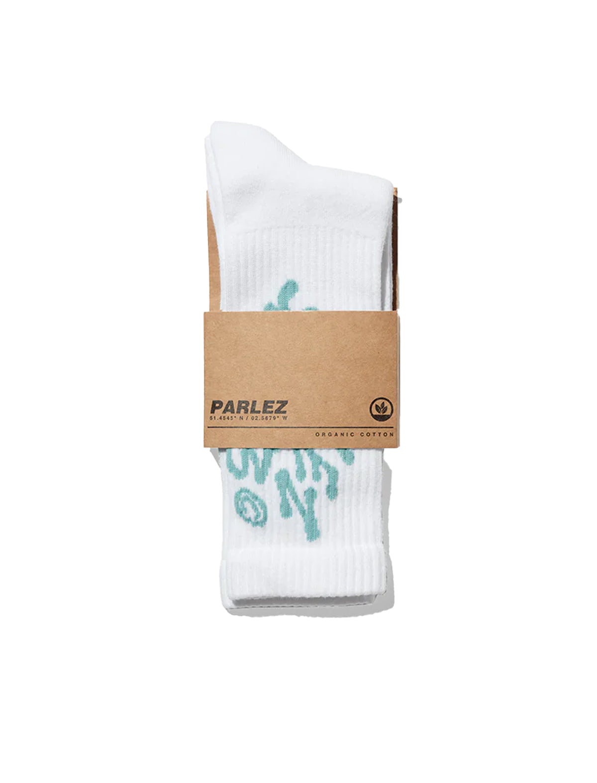 Parlez White socks with green text and Parlez branding on a white background