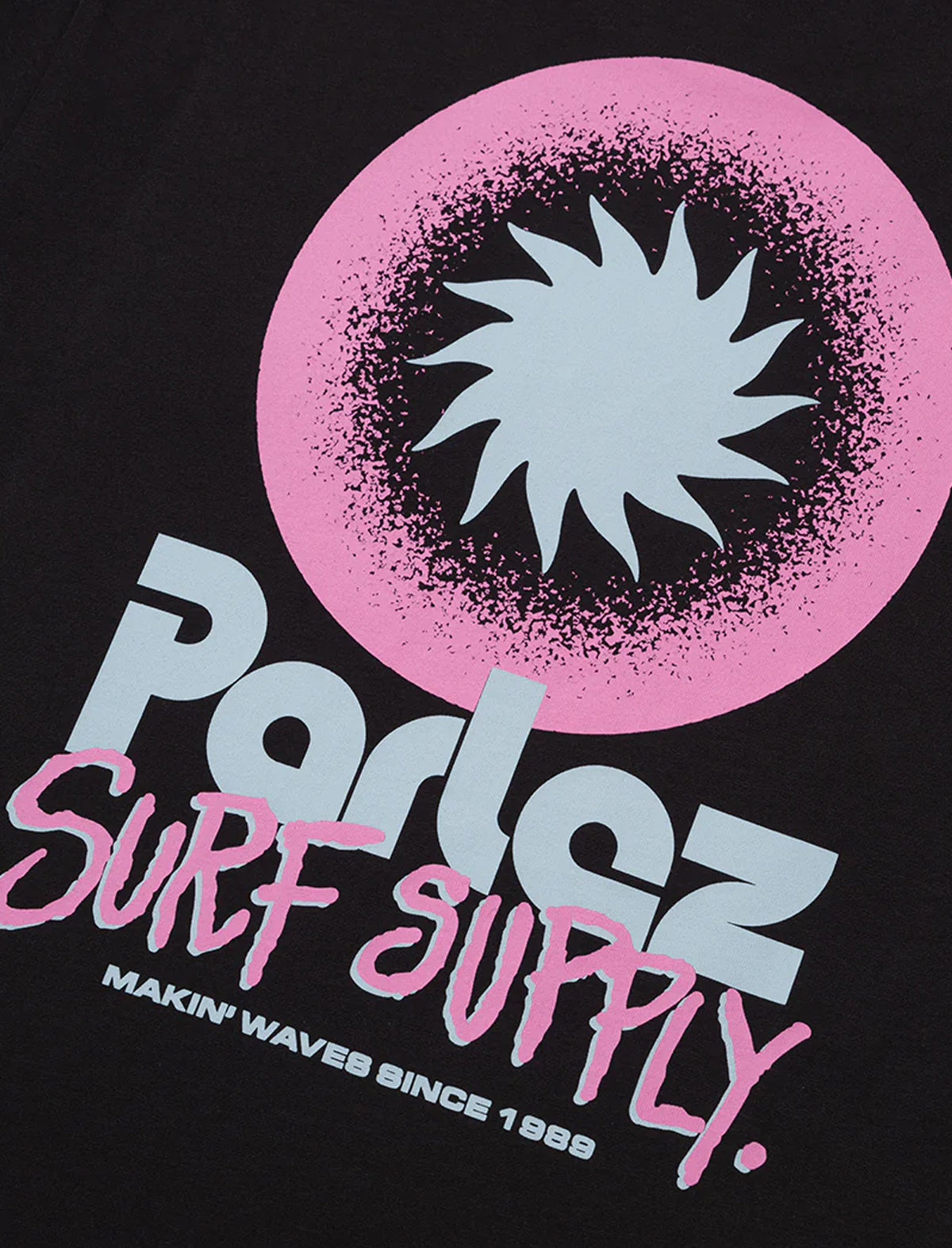 Parlez Surf Supply logo with pink and white design on a black background