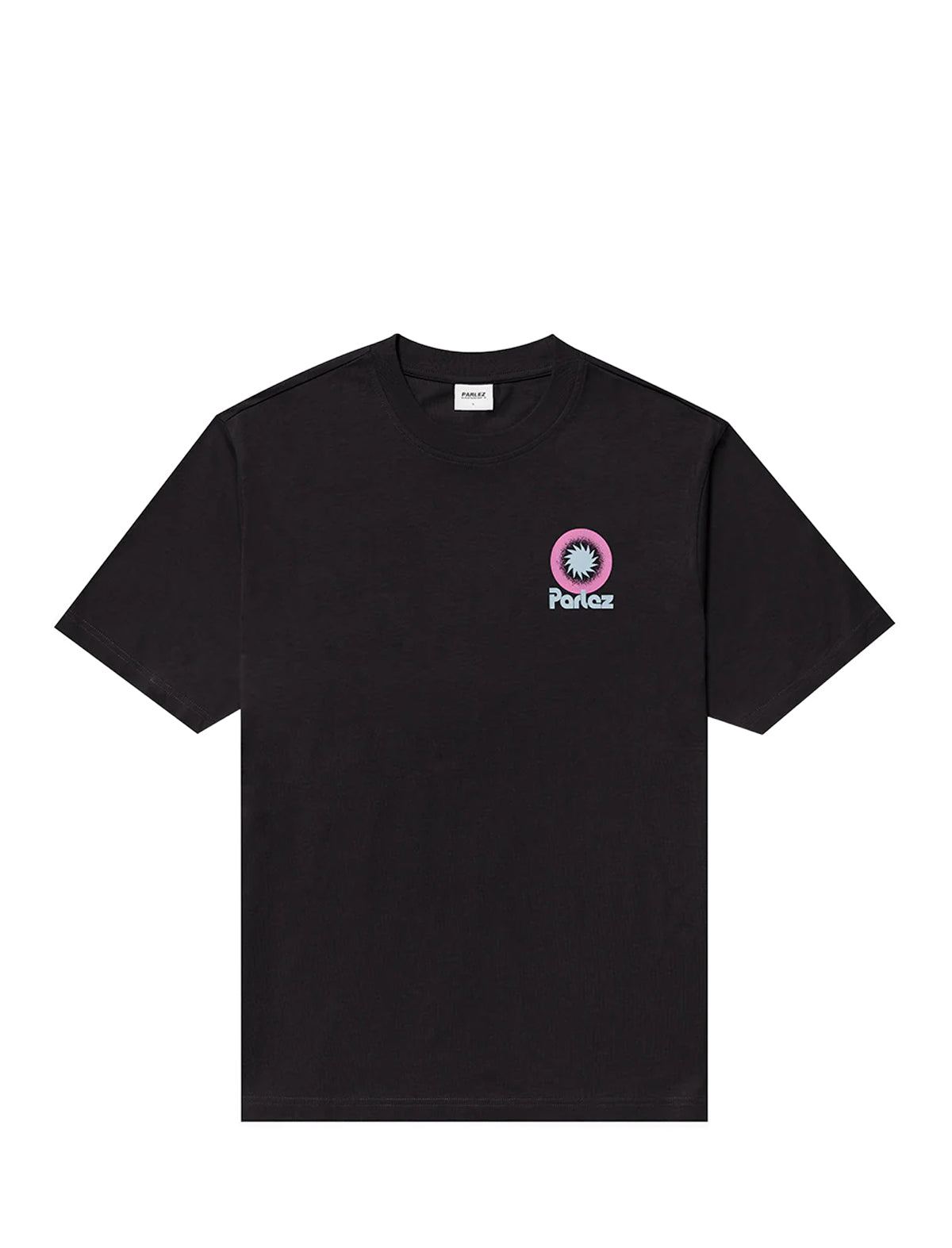 Black t-shirt with a small logo on a white background