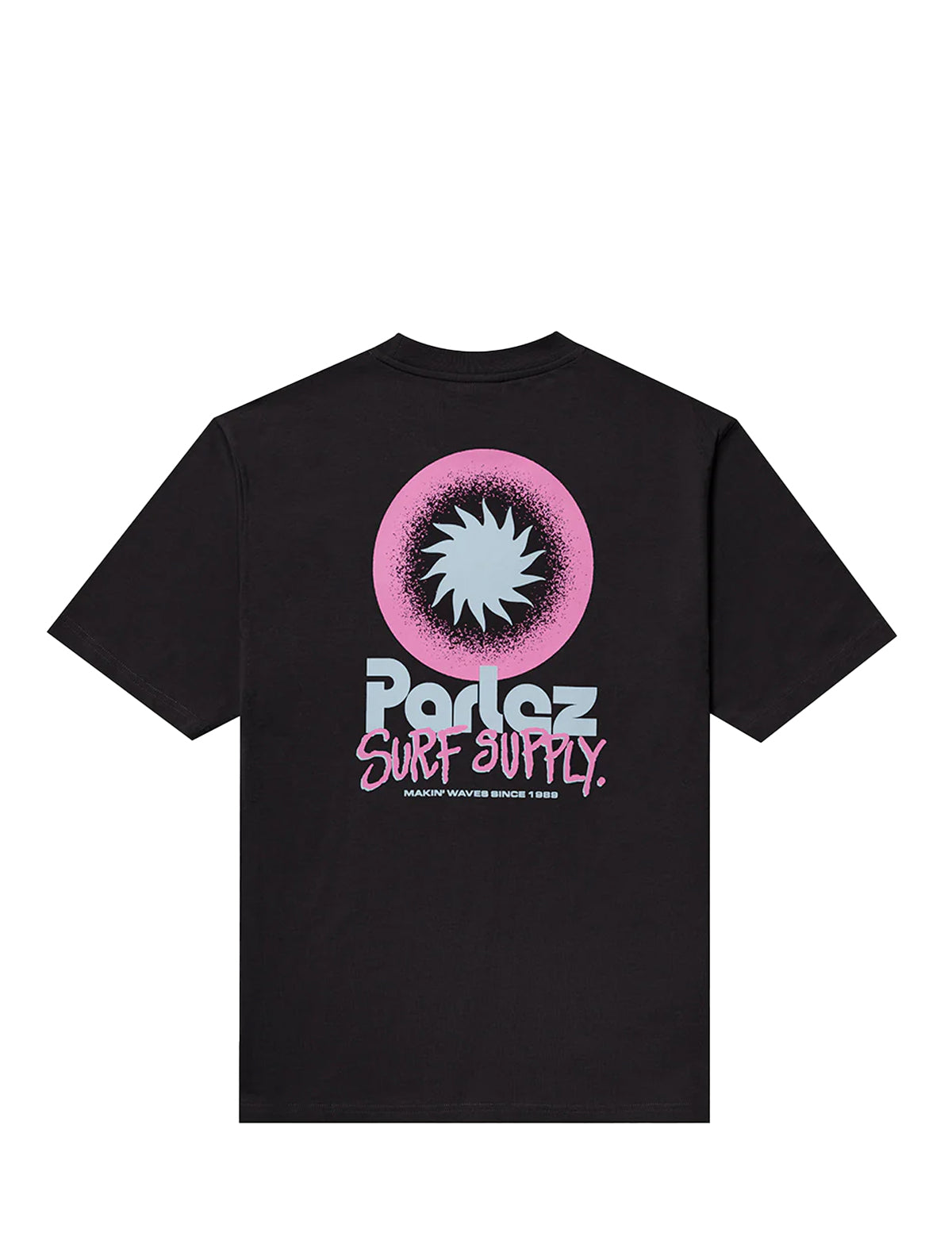 Black t-shirt with Parley Surf Supply logo on the back against a white background