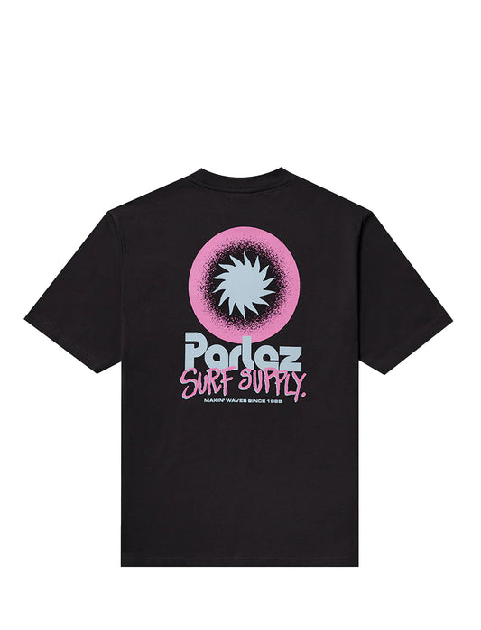 Black t-shirt with Parley Surf Supply logo on the back against a white background