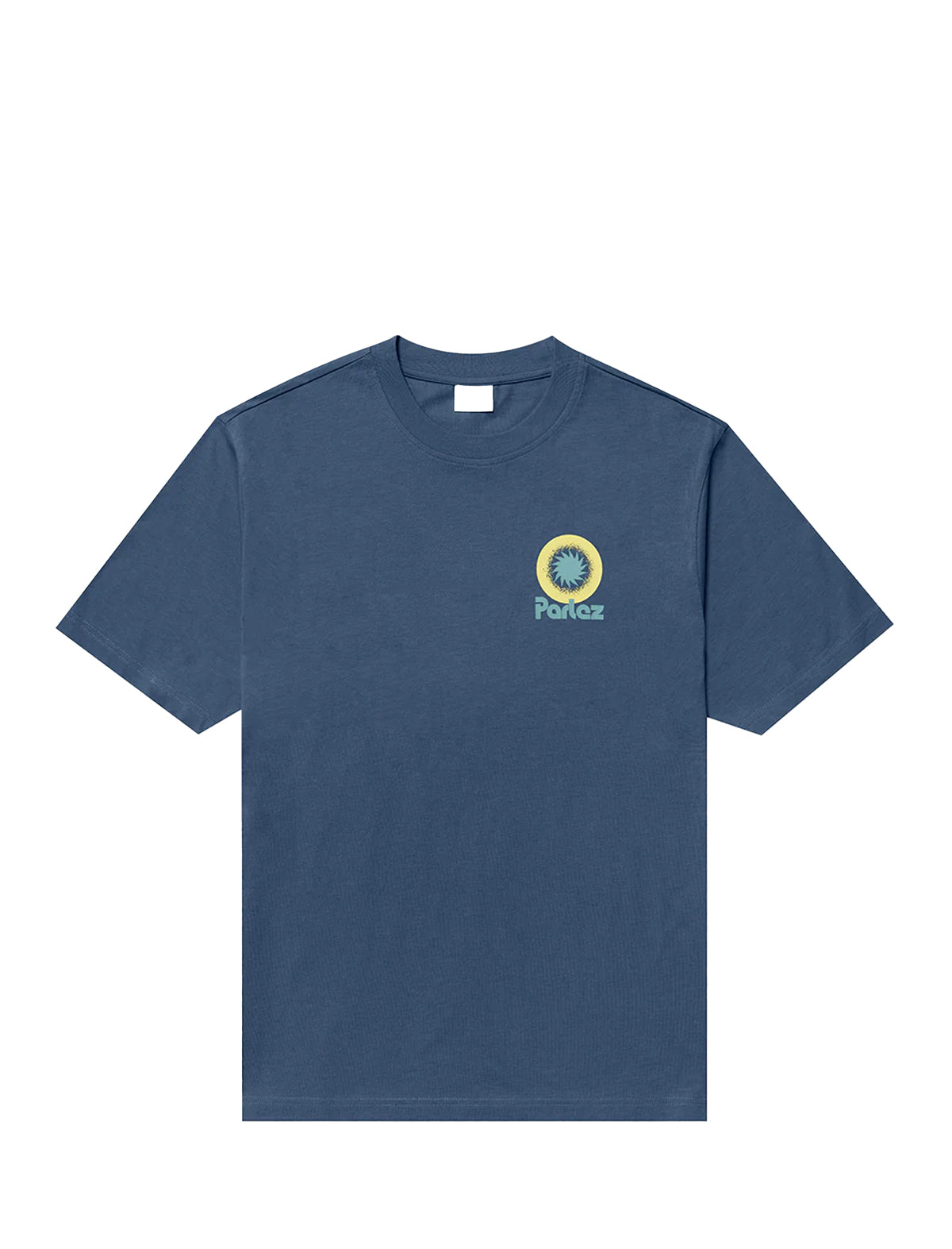 Parlez Winston blue t-shirt with a logo on the chest against a white background