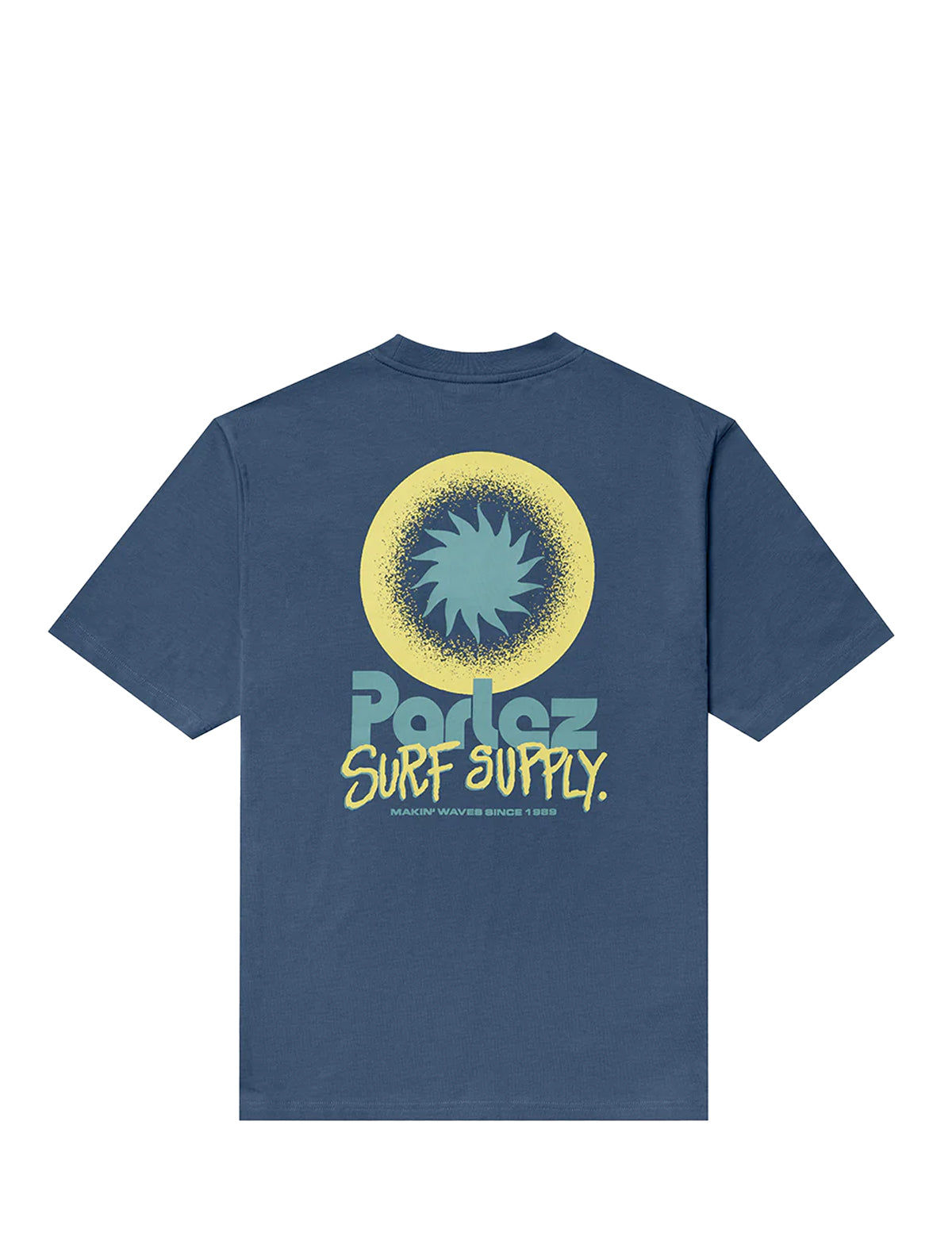 Blue t-shirt with a 'Parlez Surf Supply' logo on the back against a white background