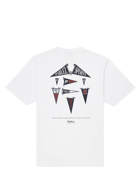 A white short-sleeve t-shirt with a central graphic print featuring multiple sports pennants in black and red, with the brand name 'Parlez Sports' printed on one of the pennants.