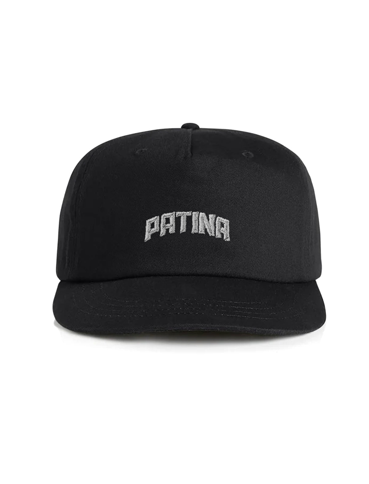 A black structured baseball cap with 'PATINA' embroidered in silver arched letters on the front, shown against a plain white background.