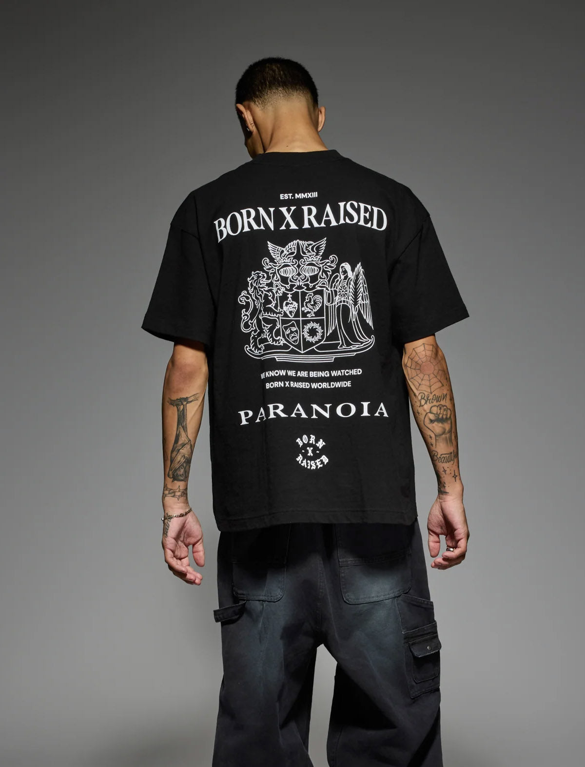 Born X Raised Paranoia Crest T-Shirt in Black – worn, back view