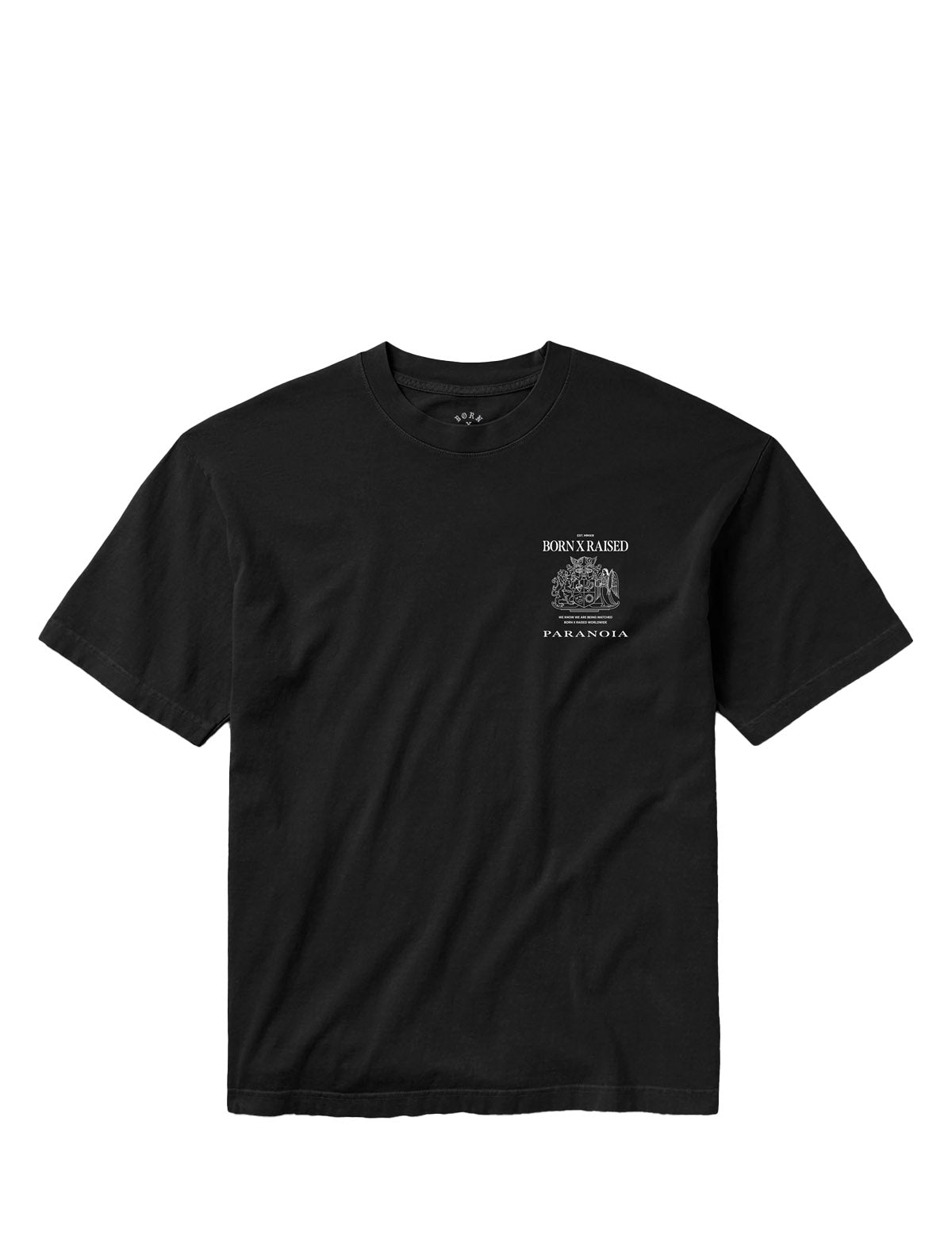 Born X Raised Paranoia Crest T-Shirt in Black – front, flat lay