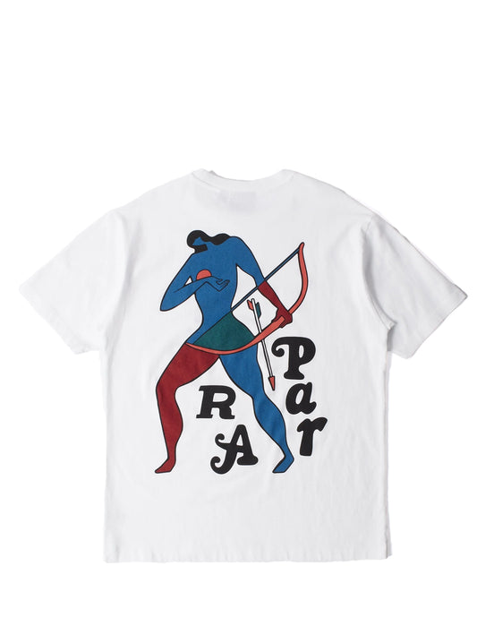 A white short-sleeve t-shirt with a graphic print of a stylized figure in blue and red holding a bow, next to the text 'PARRA', shown on a plain white background.