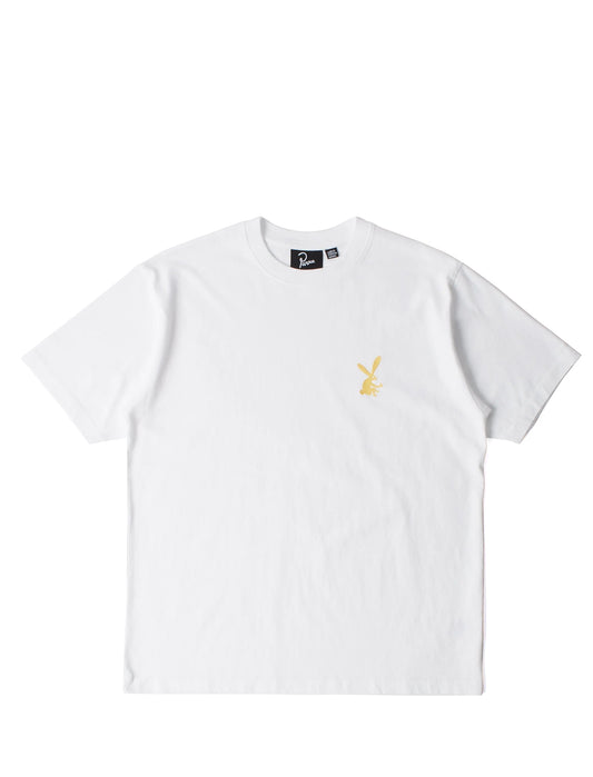A white short-sleeve crewneck t-shirt featuring a small yellow embroidered bunny logo on the left chest, displayed flat against a white background.