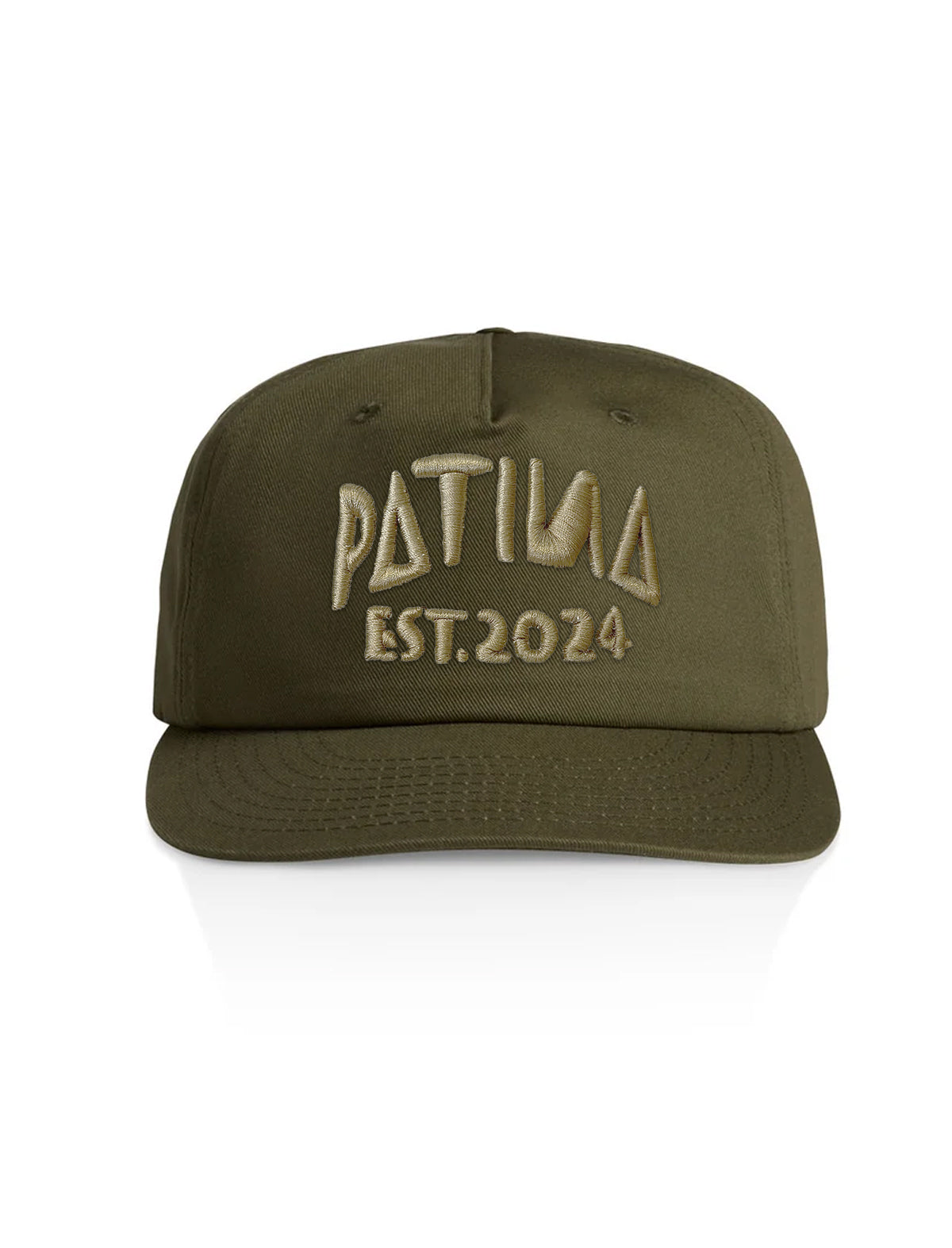 An olive green snapback cap with 'PATINA EST. 2024' embroidered on the front in a contrasting tan color, shown against a plain white background.