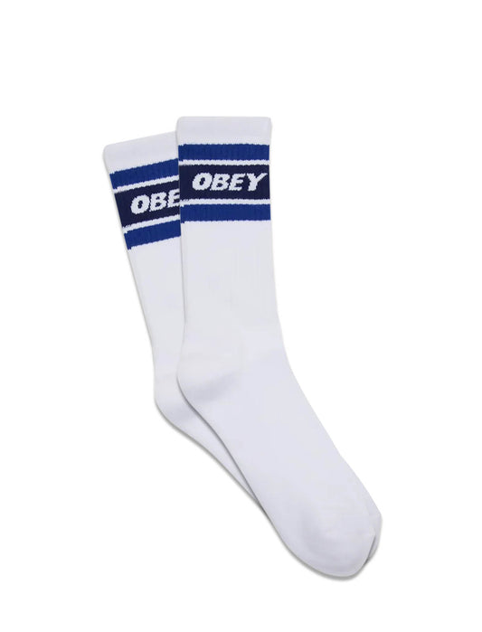 Obey Cooper II Socks in White/Blue, white crew socks with a navy and royal blue striped cuff and Obey logo
